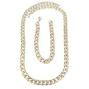 Men's Gold Plated Stainless Steel Two Toned 9mm Cuban Curb Chain & Bracelet Set